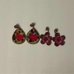 Statement Earrings Lot – Leopard Print & Pink Beaded Floral